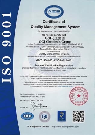 ISO 9001:2015 Quality Management System certificate — GGI Chemicals Group